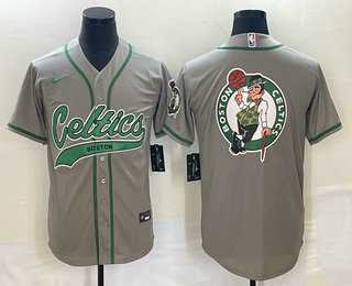 Men%27s Boston Celtics Gray Team Big Logo With Patch Stitched Baseball Jersey